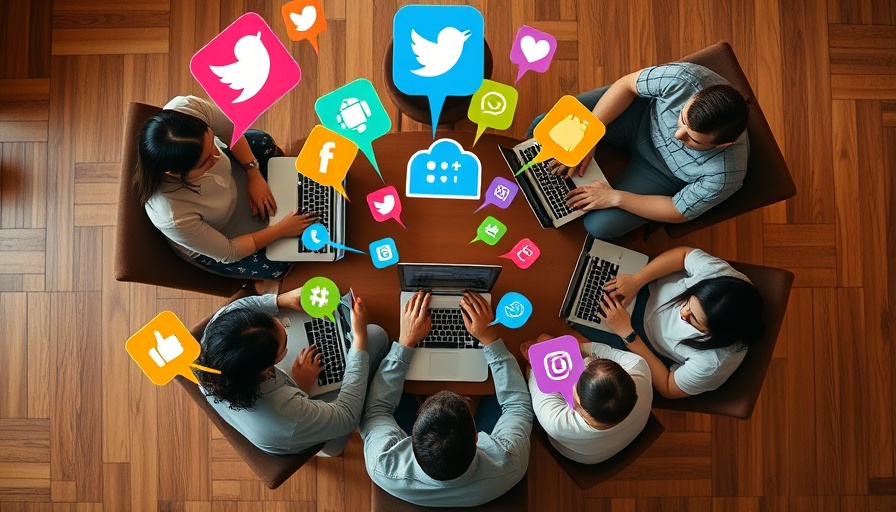 Group with laptops surrounded by social media icons, boosting engagement.