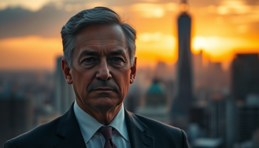Middle-aged man in suit with city backdrop at sunset.