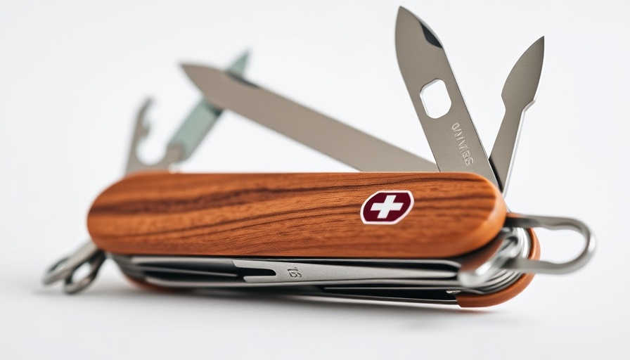 Multipurpose Swiss army knife with wooden handle, illustrating utility.