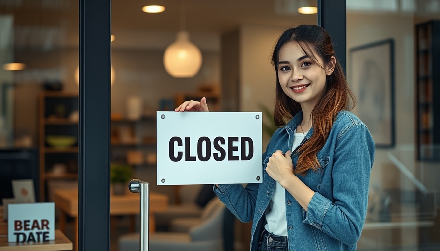 Confident woman places closed sign on small business door.