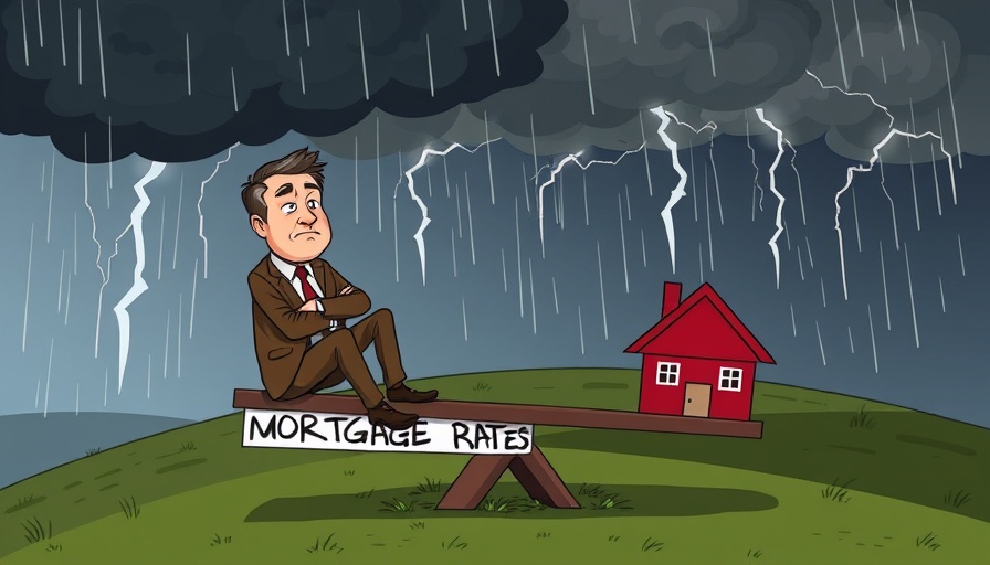Cartoon of man on mortgage rate seesaw under stormy clouds.