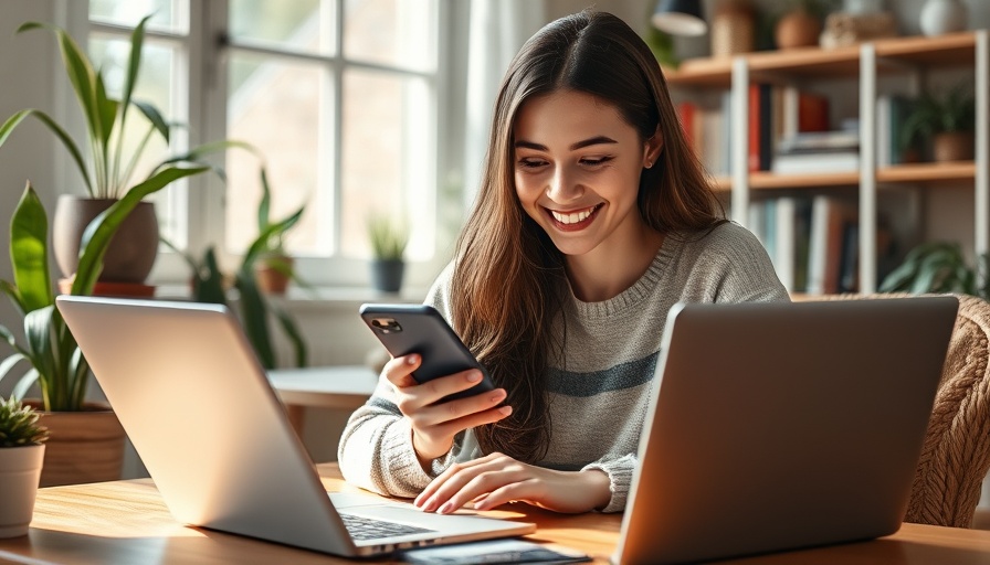 Young woman preparing social media content on phone and laptop at home.