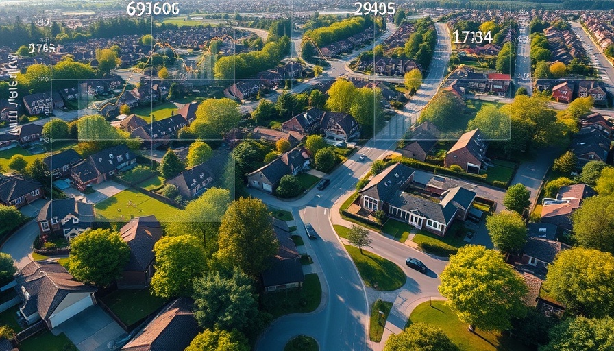 Aerial view of suburb with Zillow Showcase Listings interface overlays.