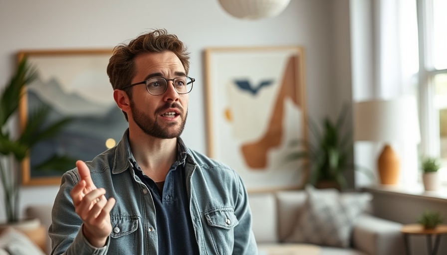 Confident man discussing advertising skills in a cozy room.