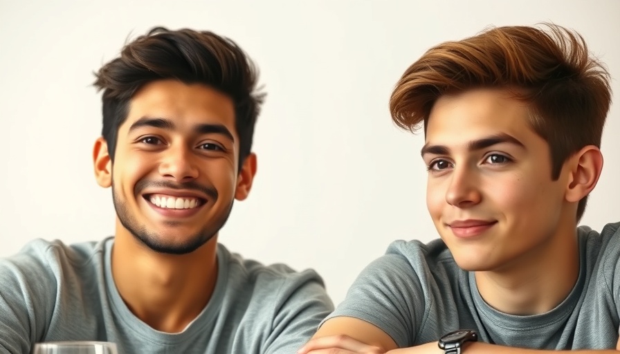Two young men sitting at a table, one smiling, one neutral, in a startup environment.