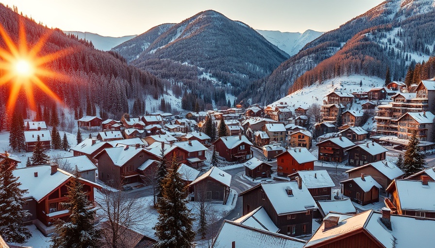 Snowy mountain town in Utah at sunrise, highlighting rustic charm.