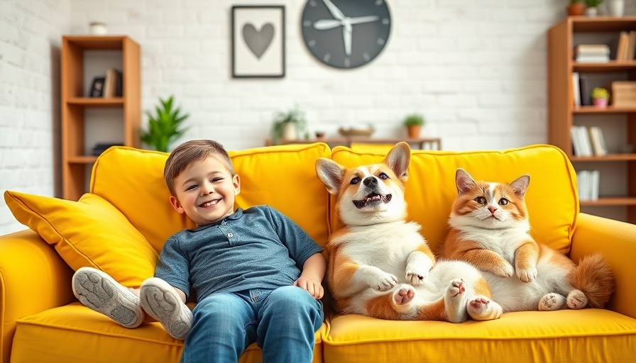Cheerful boy and pets on a yellow sofa in a cozy room, how to start a pet sitting business.