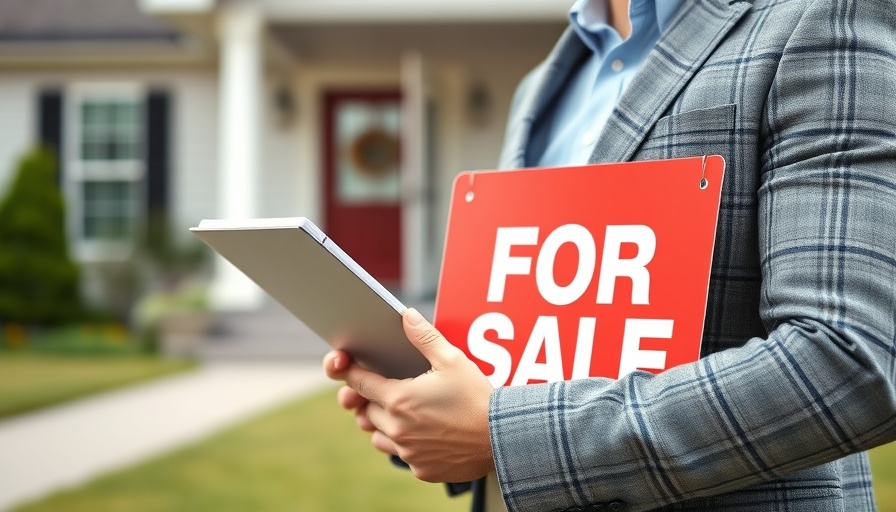 Real estate agent with for sale sign amidst housing market.