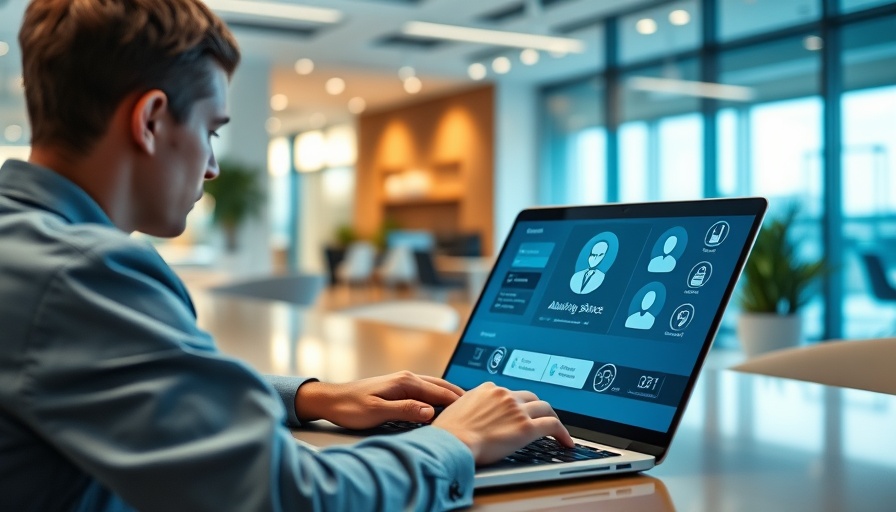Person using AI answering services for small businesses on laptop and phone in a modern office.