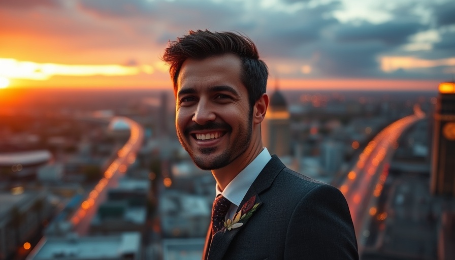 Man smiling with cityscape backdrop, Zillow Group listing policy context