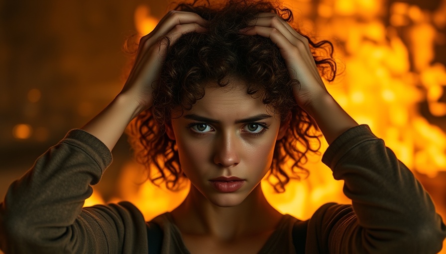 Frustrated woman amidst fire background, illustrating stress.