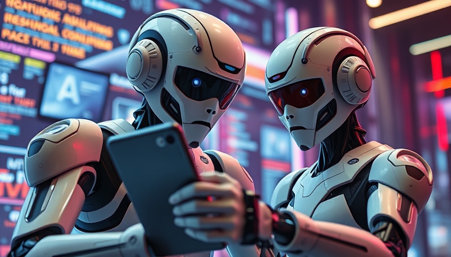Humanoid robots using laptops, person taking selfie, digital background, virtual influencers and real estate marketing.