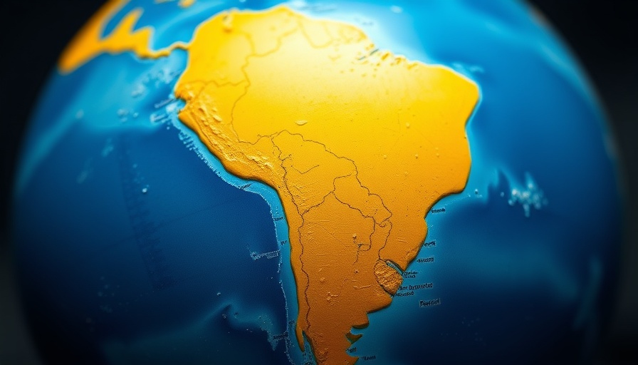 Close-up Latin America globe highlighting region, blue background.