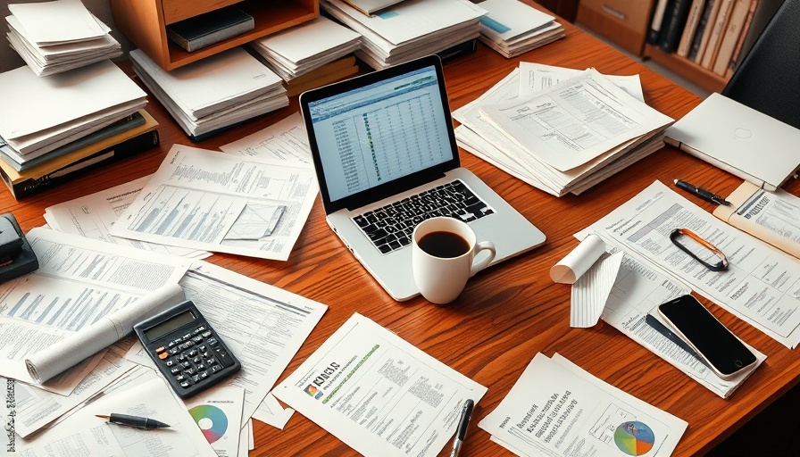 Organized office desk with business documents and a laptop.