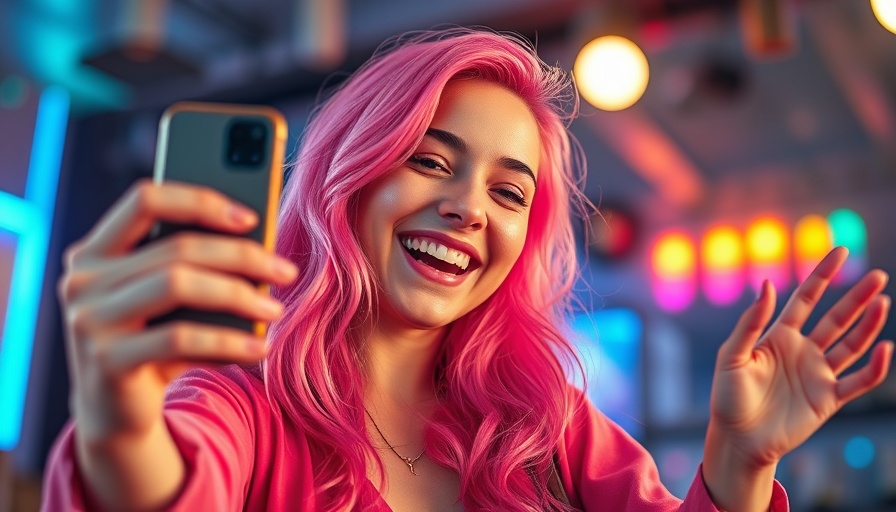 Vibrant pink-haired woman recording content in a colorful studio.