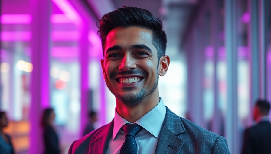 Professional man smiling indoors in purple-tinted setting.