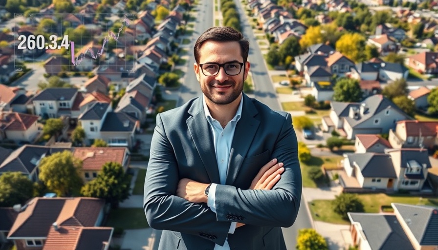 MoxiWorks CFO with suburban aerial view and business charts.