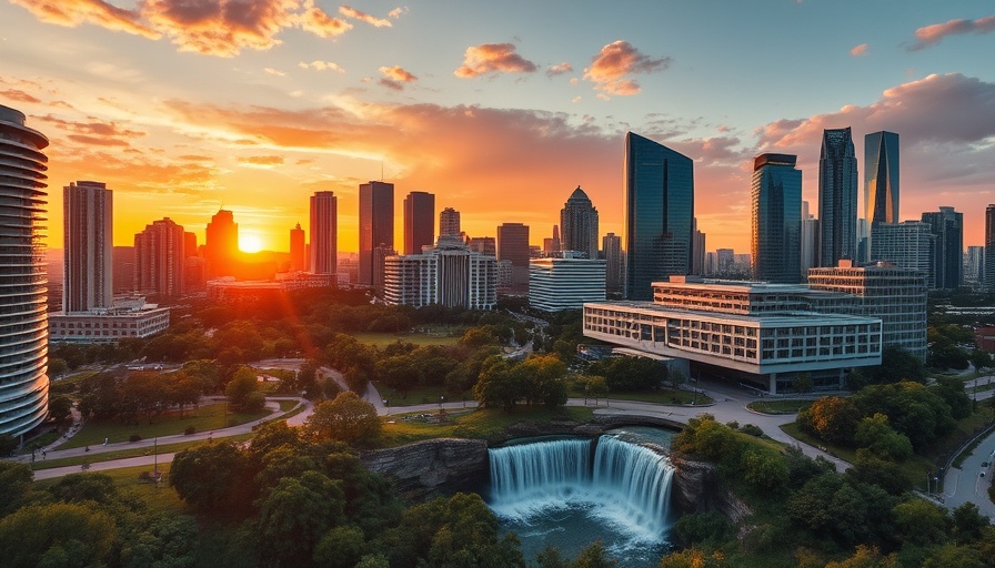 City skyline at sunset with modern buildings and waterfall, housing markets expected to grow in 2025.