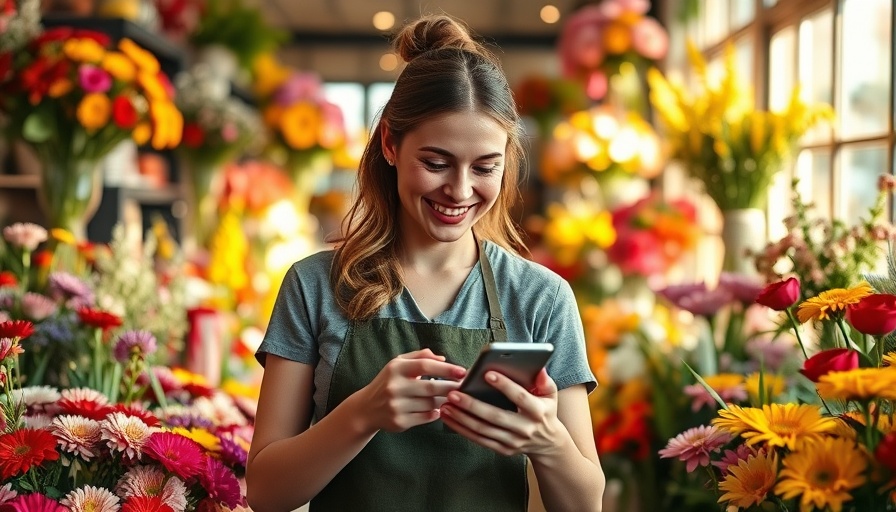 Florist using phone in shop with colorful flowers.