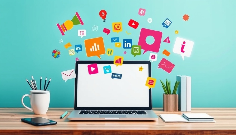 Colorful marketing technology concept with laptop and icons.