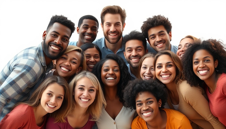 Diverse group in a circle smiling for human-centered marketing.
