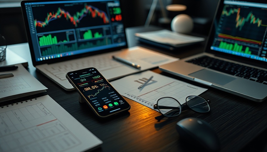 Neatly arranged office desk with economic charts and gadgets showing data related to GDP impact on home prices.