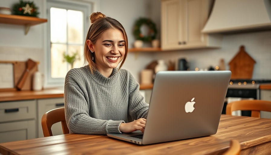 Woman using laptop in cozy kitchen, Facebook Ad Specs 2025.