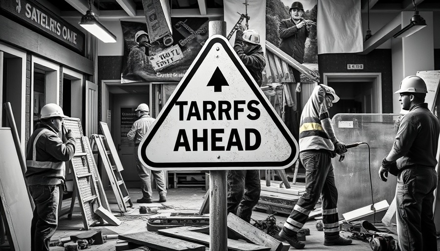 Monochrome workers fixing home with tariffs sign, highlighting pre-sale renovation impact.