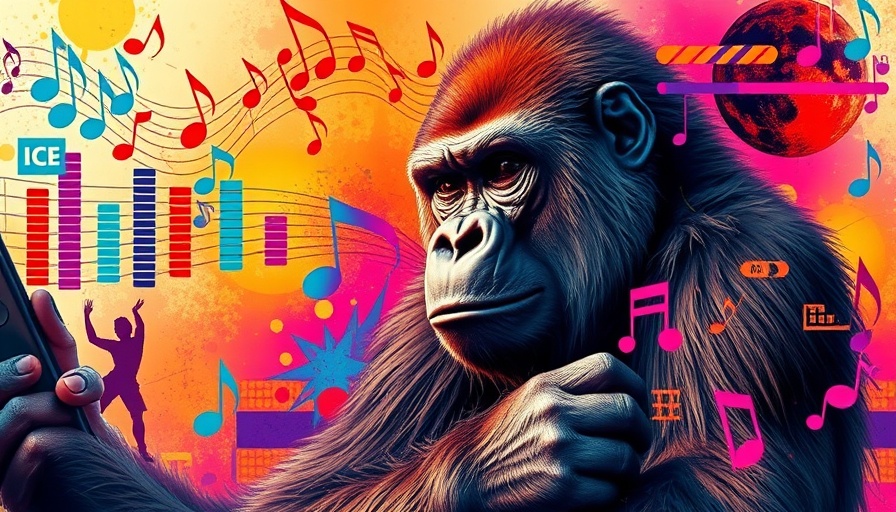 Vibrant abstract collage with gorilla and musical themes, resonance beats reach.