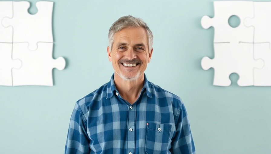 Smiling middle-aged man in casual attire with a puzzle piece background