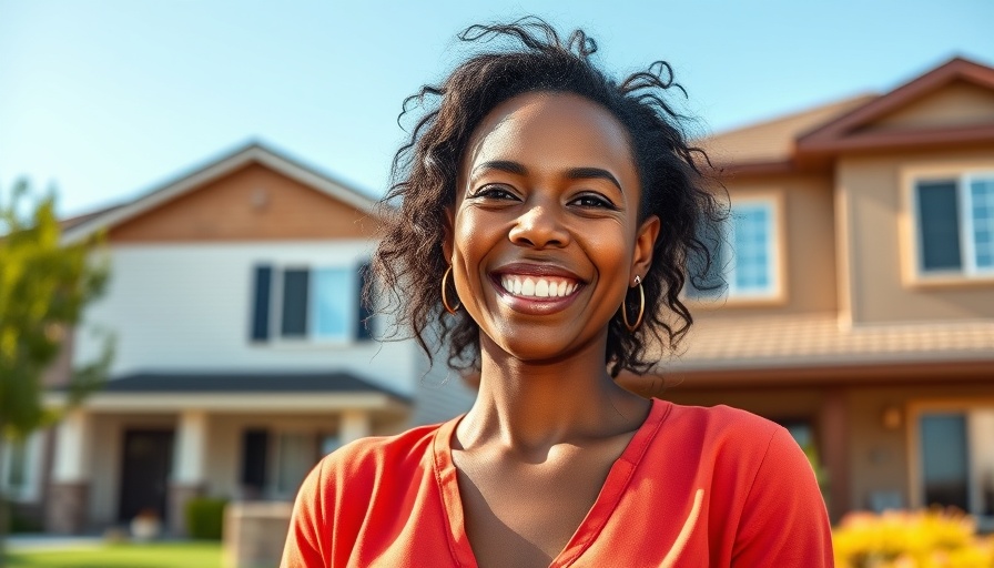 Confident woman discussing asset protection strategies in front of suburban homes.