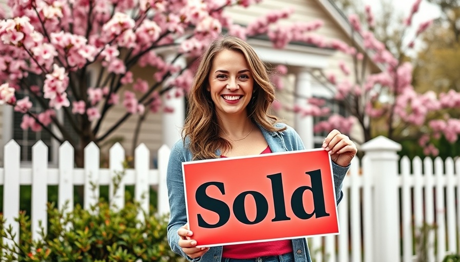 Smiling woman with sold sign in front of house, spring setting