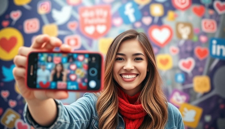 Smiling woman taking selfie with social media icons, Facebook for Creators Instagram Account.