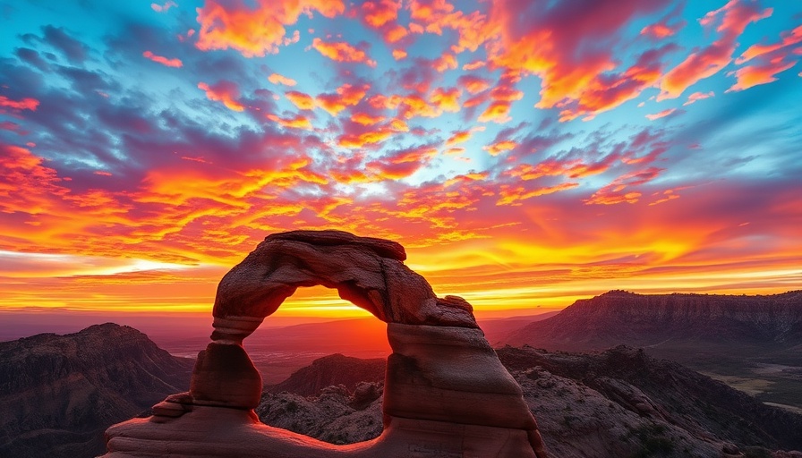 Sunset over mountain landscape with stone arch, vivid sky.