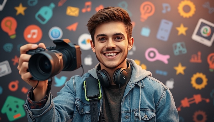 Smiling young man promoting Streamer University for Creators, holding camera and headphones.