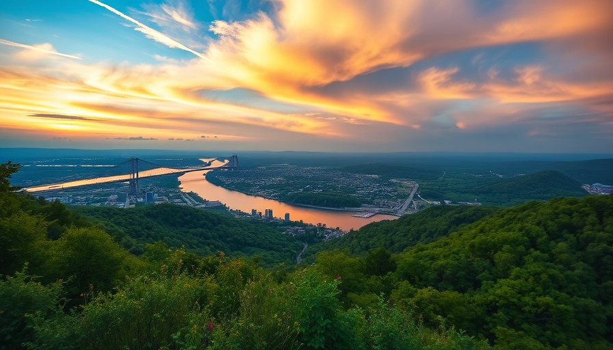Scenic Hudson Valley view with bridge and sunset.