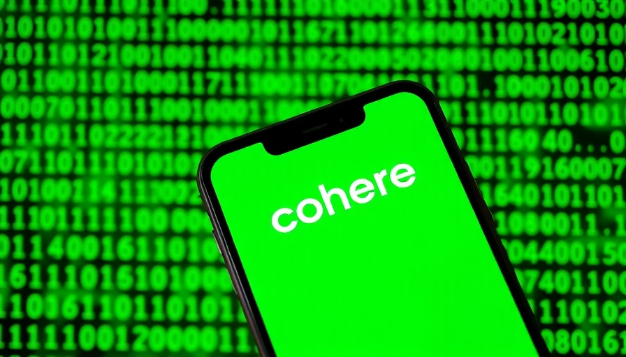 Cohere logo on smartphone against green binary code background, symbolizing tech acquisition
