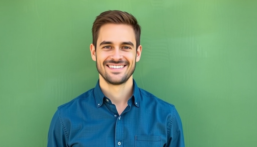 Smiling man, BiggerPockets CEO transition concept, green background.