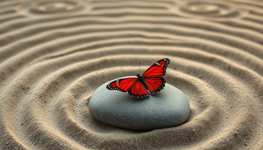 Peaceful zen garden scene with butterfly to reduce stress this spring.