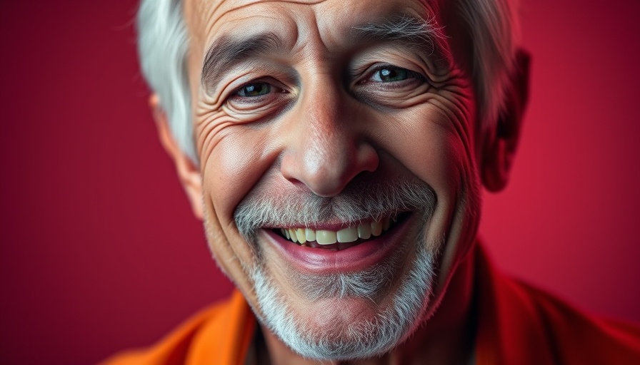 Vibrant portrait of an older man smiling warmly, close-up.