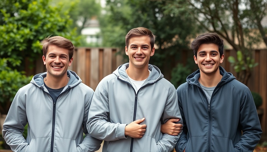 Smiling young men in gray jackets showcasing AI hiring initiative outdoors.