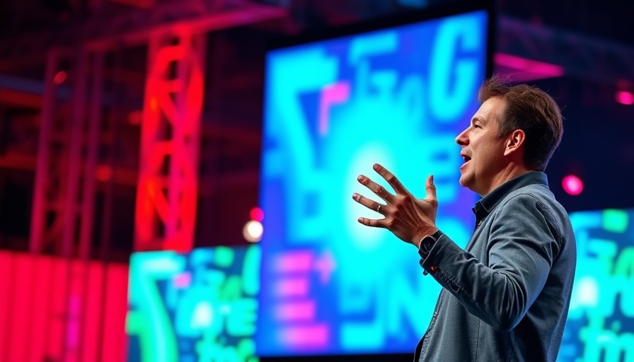Enthusiastic speaker at vibrant tech conference, related to corporate espionage in startups.