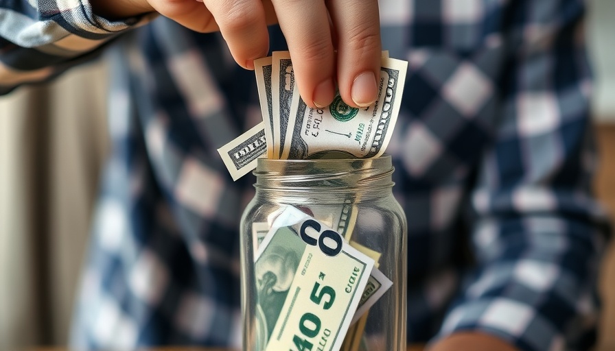 Hand placing dollar bills in jar, money-saving concept