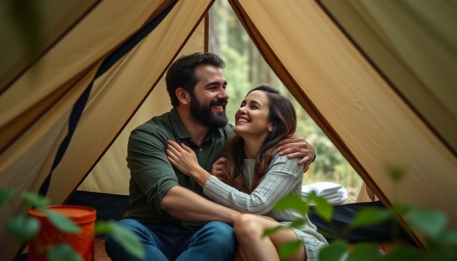 Joyful couple embracing in a tent at a forest campsite.