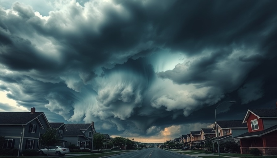 Foreboding storm clouds over suburban homes, symbolizing economic anxiety.
