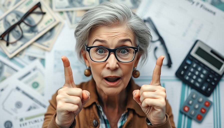 Surprised woman discussing taxes in retirement, financial theme.