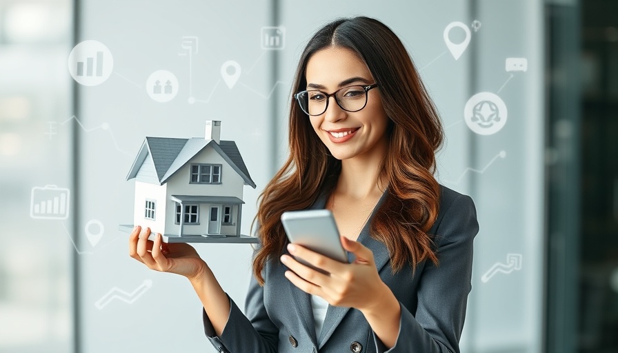 Effective social media strategies in real estate marketing illustration with professional woman holding phone and house model.
