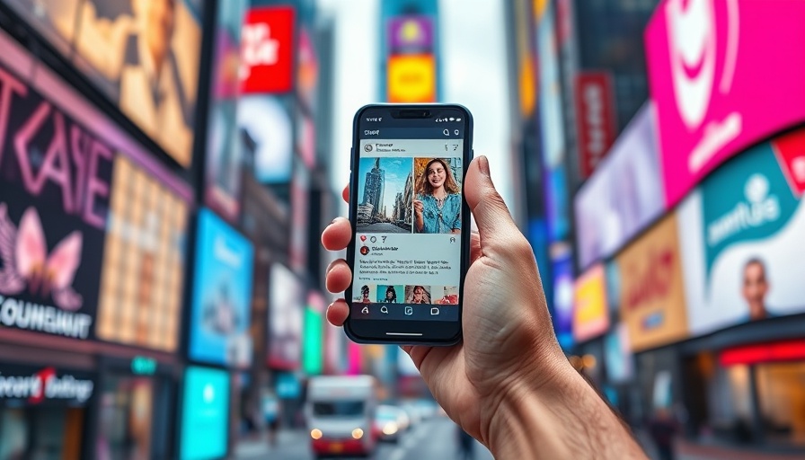 Hand with smartphone displaying social media in urban cityscape, top social media platforms 2025.