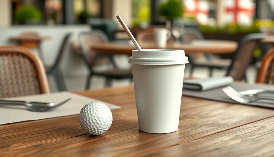 Plain white coffee mug with a golf ball next to it on a wooden table.