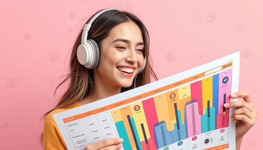 Young woman with headphones holding a chart, promoting YouTube weekly podcast charts.
